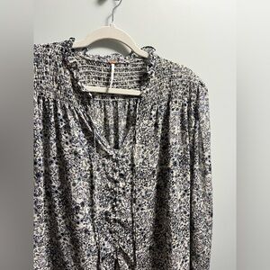 Free People Navy and White Floral Blouse